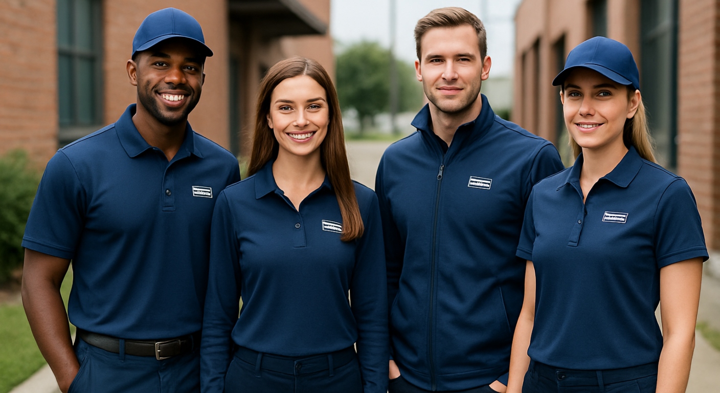 Team of four, wearing branded apparel including shirts, hats and jackets.