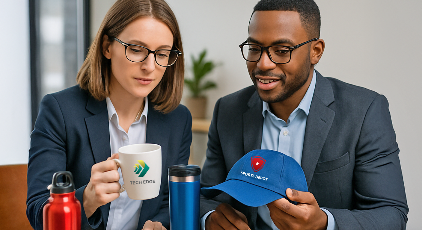 Two marketing managers looking at a promotional hat and and mug.
