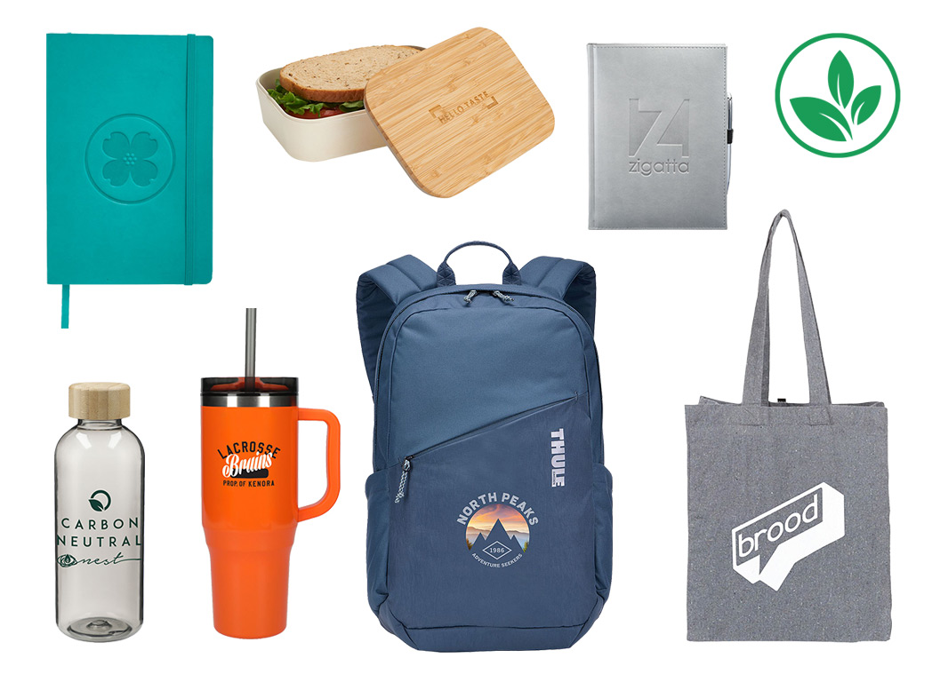 Eco-friendly products featuring various company logos