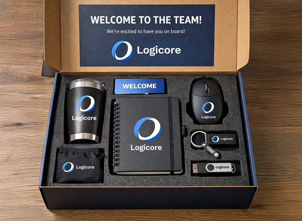 Welcome Kit for new employees with cup, notebook, mouse, ect. Featuring the company logo.