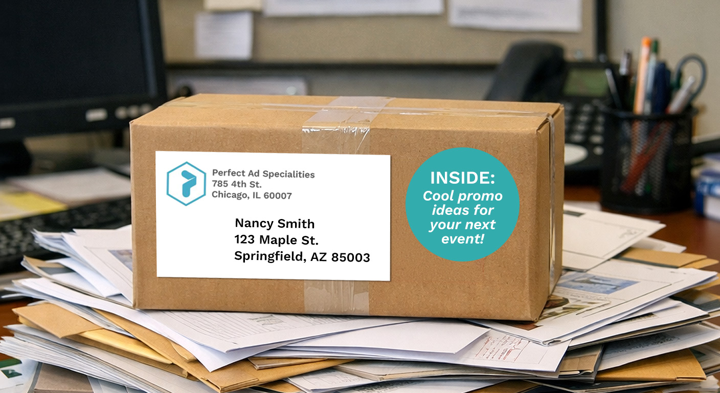 Box with nice label, including a logo and featured items sticker, sitting on top of a pile of mail.