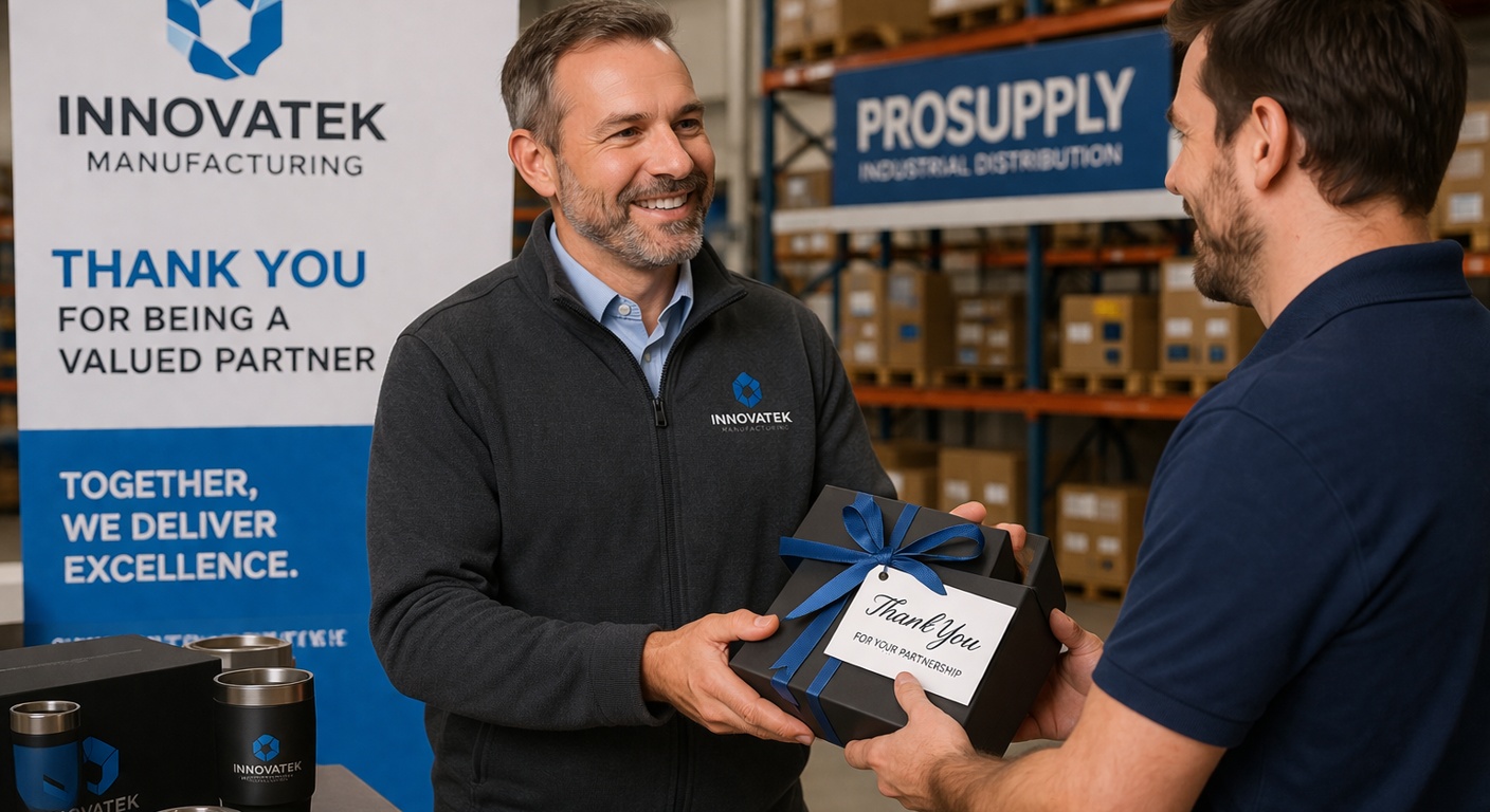 Manufacturing Manager handing box of Promotional Products to Client