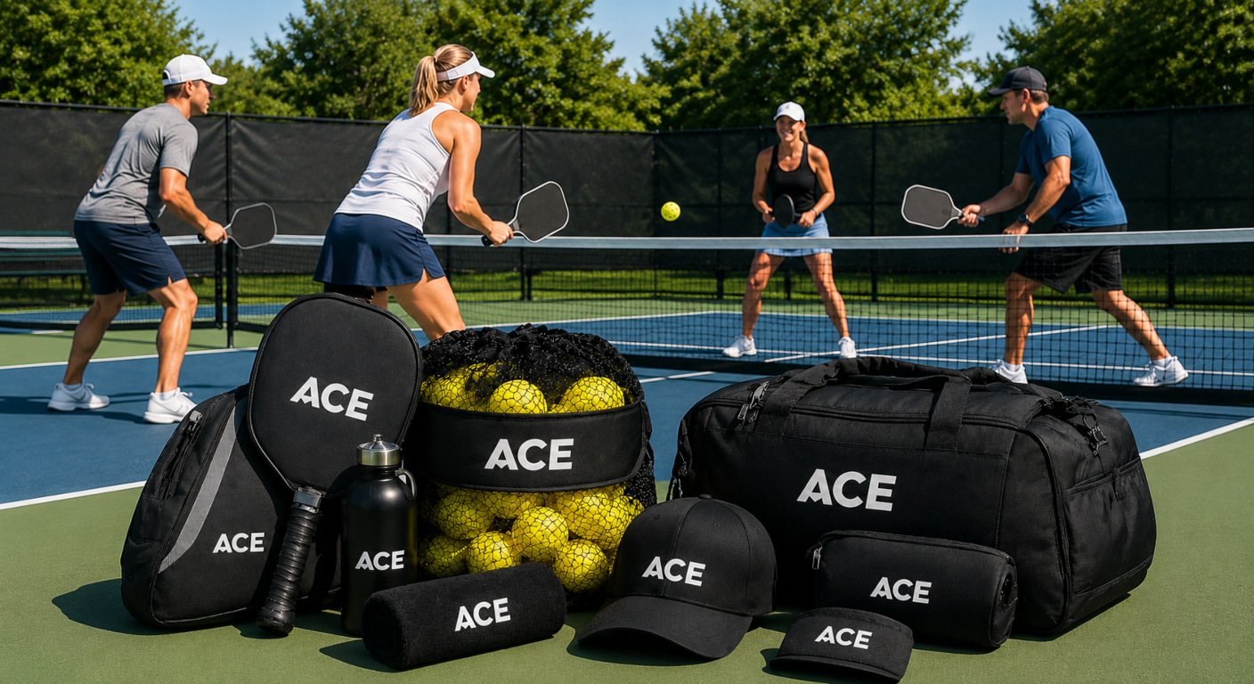 People playing Pickleball with branded Pickleball Promotional Products beside the game.