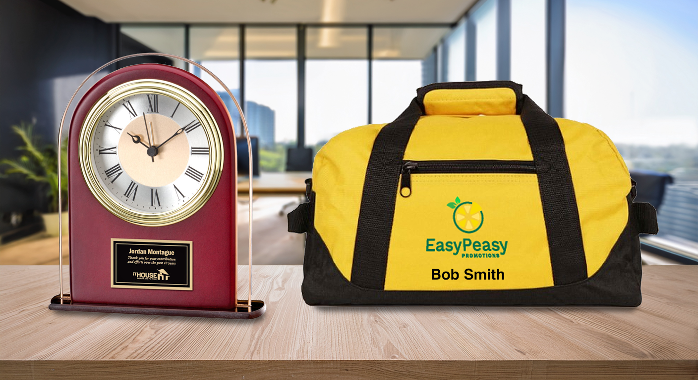 Two personalized promotional products. One a clock, featuring a thank you with a name. The other a tote bag with the brand logo and name of the recipent